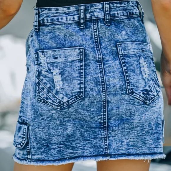 Blue High Waist Distressed Denim Mini Skirt - Picture 3 of 4